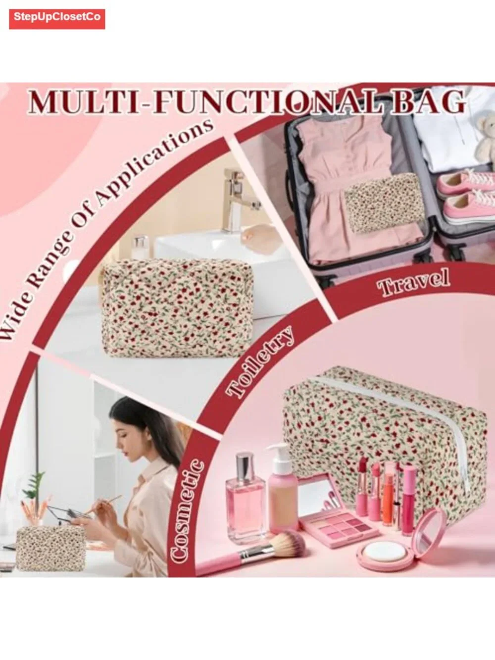 Quilted Cotton Floral Makeup Bag Organizer Travel Toiletry Pouch